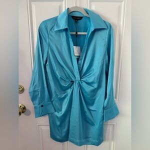 Ming Wang Women’s Aqua Blue Shirt Dress Twist Front Size XS NWT